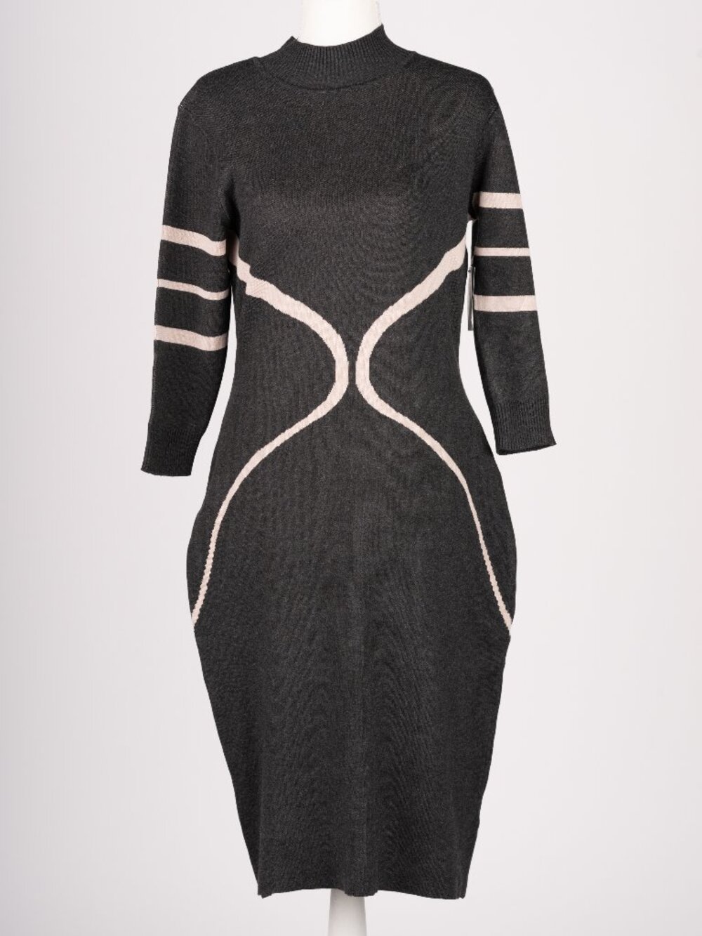 NWT Danny & Nicole Graphic Contour Knit Sweater Dress Mock Neck Grey Cream L